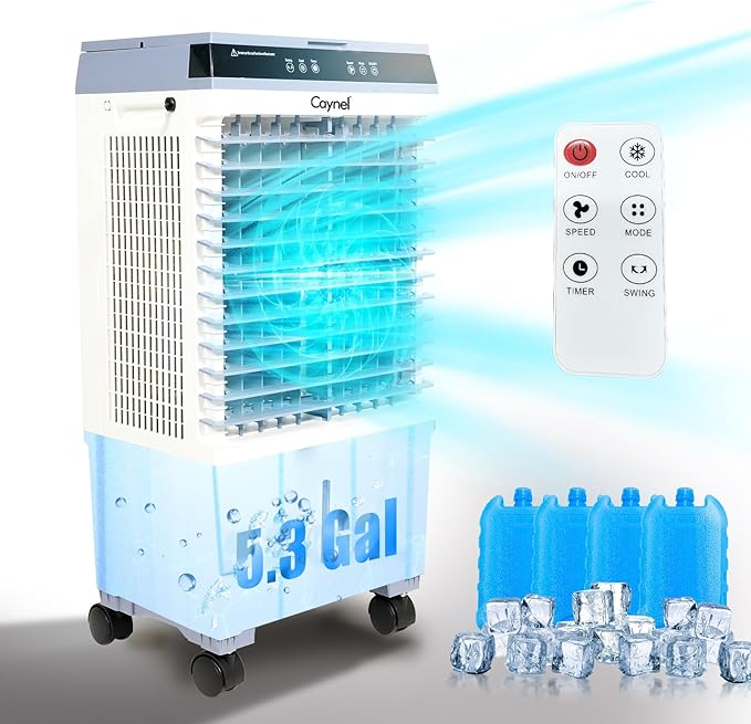 CAYNEL Evaporative Swamp Cooler with 5.3 Gallon Water Tank, Touch Screen and Remote Control, Refrigerator, 12 Hour Timer and 3 Fan Speed Settings, Cooling Tower Fan for Outdoor, Indoor, Garage