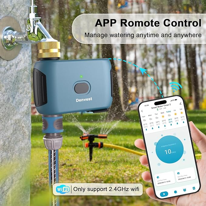 WiFi Water Timer with Brass Inlet, 1 Zone Smart Sprinkler Timer for Garden Hose Faucet, Hose Timers with WiFi Hub, Up to 20 Watering Plans, APP & Voice Control, Compatible with Alexa