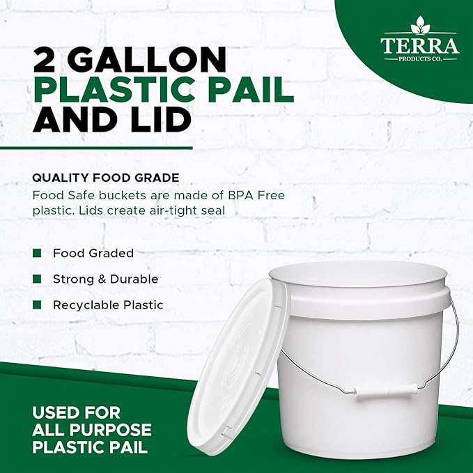 Terra Products Co. White Pails and Lids - Heavy Duty Buckets for Storage - Economical, Durable and Easy to Use (2Gallon 5Pack)