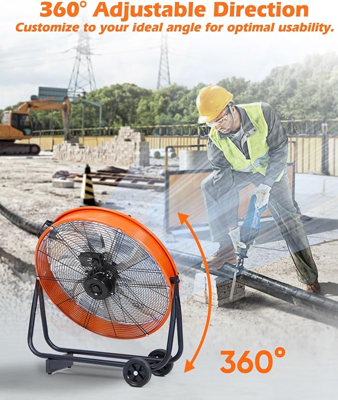 JVO 24 Inch Industrial Floor Drum Fan - 9500 CFM Heavy Duty High Velocity Floor Fan with 8 Blades 3-Speed Big Ass Fan for Warehouse, Garage, Shop, Patios Heavy Duty Shop Fans & Garage Fans for Cooling