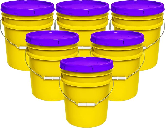 MKS Plastics 5-Gallon Bucket with Airtight Lid – Made in USA, Food Grade BPA Free Plastic, Heavy Duty Multi-Use, Metal Handle with Grip, Stackable Storage – Yellow, 6 Pack
