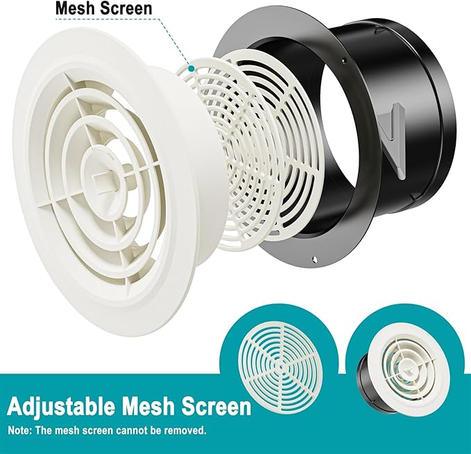 HG POWER 5 Inch Soffit Vent，Round Air Vent Cover with Louver, ABS Adjustable Ceiling Vent Covers for Living Room, Bathroom, Kitchen, Greenhouse, Ventilation System, White - Opening Size 4.57"