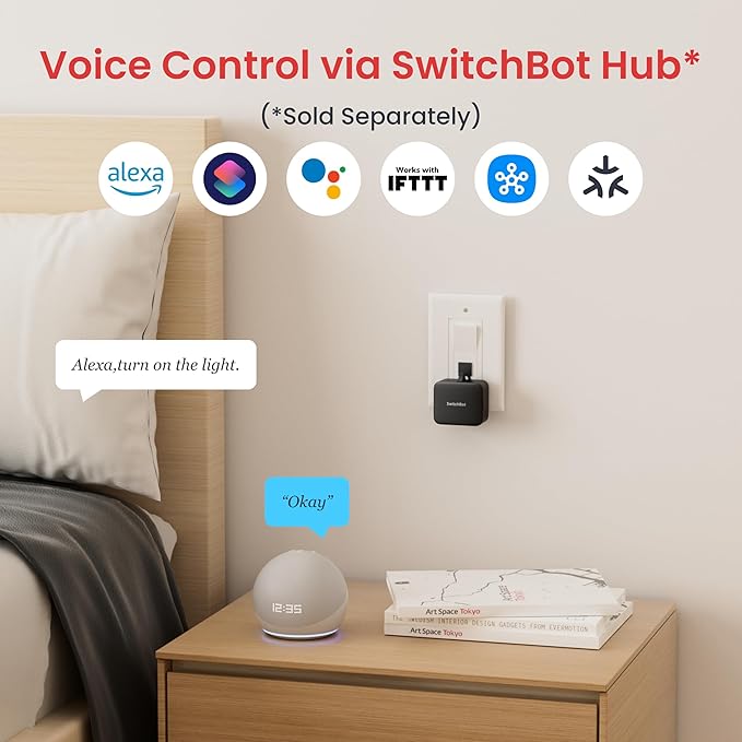 SwitchBot Rechargeable Smart Switch Button Pusher (Bluetooth) – Fingerbot for Rocker/One-Way Buttons, App Timer Control, No Wiring, Optional Hub for Voice/Remote, Black