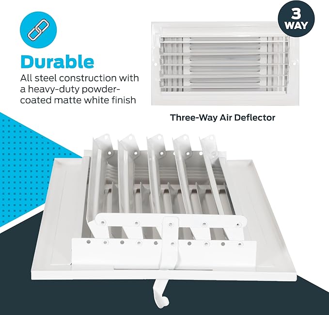 EZ-FLO 12 x 6 Inch (Duct Opening) Air Vent Cover for Wall or Ceiling, Three-Way Ventilation Register, Solid Steel HVAC Register Cover, White, 61615