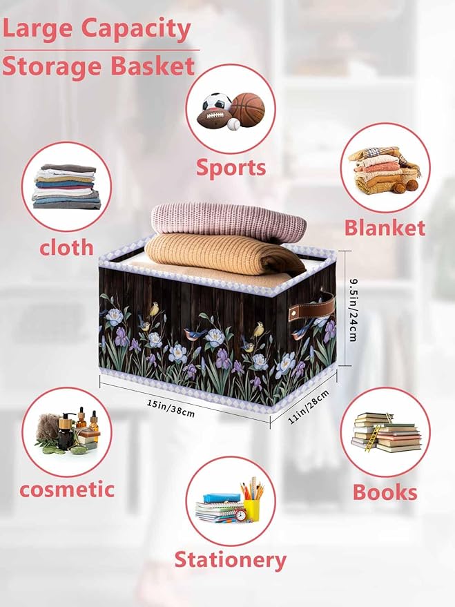 Spring Flowers Storage Bins Cubes Waterproof Cloth Storage Basket,Blue Floral Leaves Birds Country Farm Wood Grain Foldable Storage Bags for Shelf Storages Organizers with Handles 15x11x9.5 in 2PCS