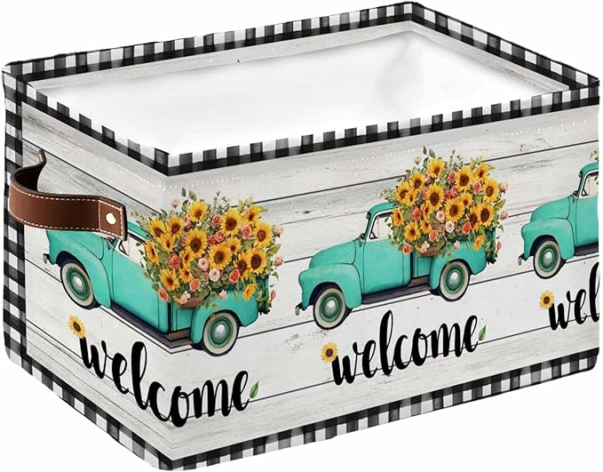 Country Sunflowers Storage Bins Cubes Waterproof Cloth Storage Basket, Welcome Rustic Truck Floral Farm Wooden Foldable Storage Bags for Shelf Closet Clothes Organizers with Handles 15x11x9.5 in 1PCS