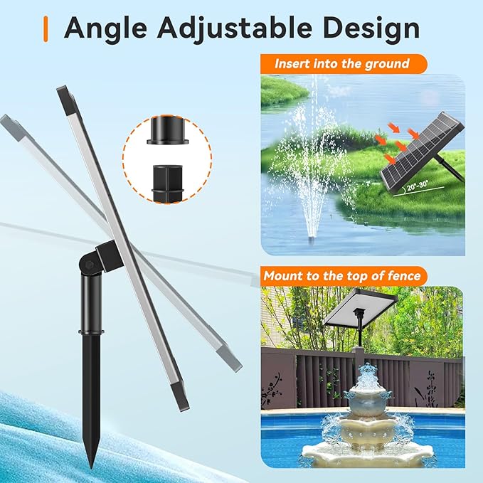 Biling 25W Solar Fountain Pump, 410GPH Submersible Solar Pond Pump with Filtration and Dry Run Protection, 4.9ft Lift, 17ft Cord, 4 Nozzles, 6.7ft Tubing for Pond Fountain, Outdoor Water Features