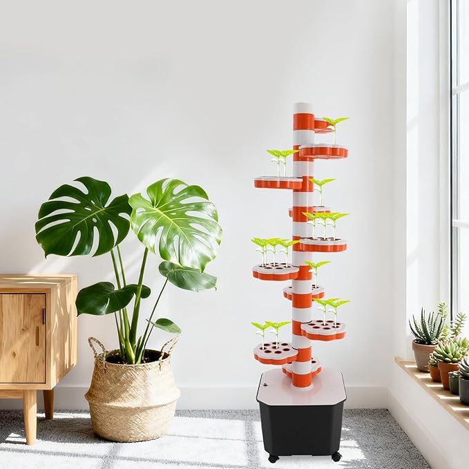 80 Pots Hydroponic Grow Tower 10-Tier Vertical Hydroponic Gardening Tower System Indoor Garden Kit w/Automatic Watering 7.93 Gal Tank 15W Pump (11.89 Gallons Water Tank)
