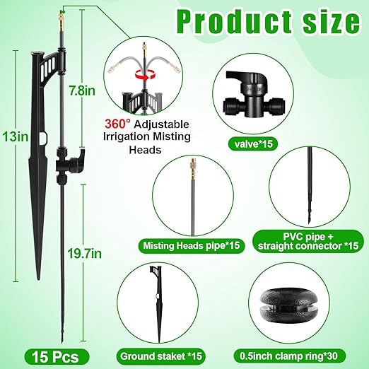 15 Sets 360° Adjustable Irrigation Misting Heads with Stake Micro Spray Emitters with 1/4" Irrigation Tubing on Riser Stake,Automatic Atomizing Sprinkler Stake Assembly for Garden Watering System