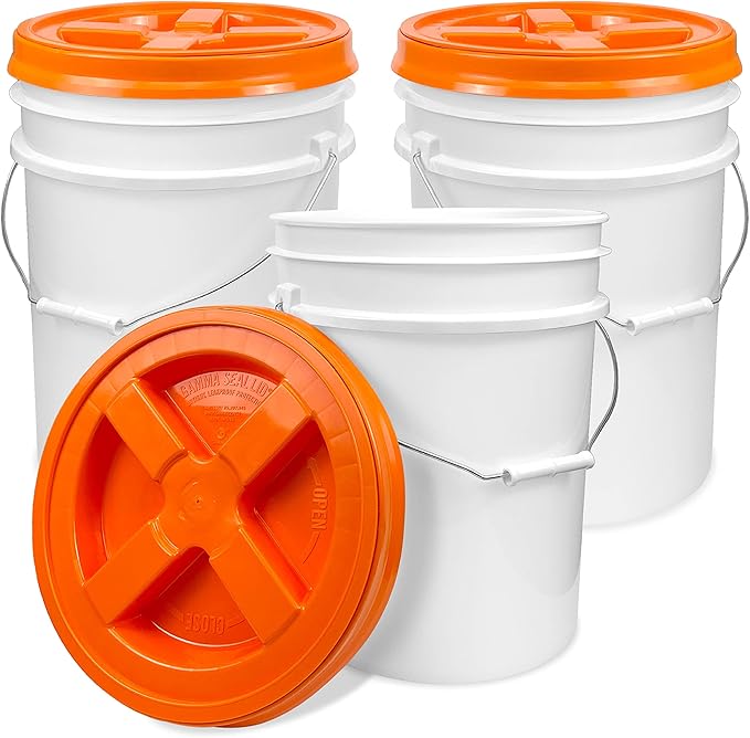 ePackageSupply 5 Gallon Bucket - Food Grade Bucket with Airtight Gamma Seal Screw-On Lid, BPA-Free, Heavy-Duty 90 Mil HDPE Plastic, Bulk Storage, Durable Container, Made in USA, White/Orange, 3 Packs