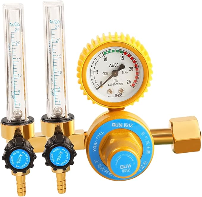 Amagogo Regulator Welder Argon CO2 Regulator Meter Pressure Gauge Aluminum Alloy Gas Regulator Welders Flowmeter Suitable for Chemical Electronics MIG We, double