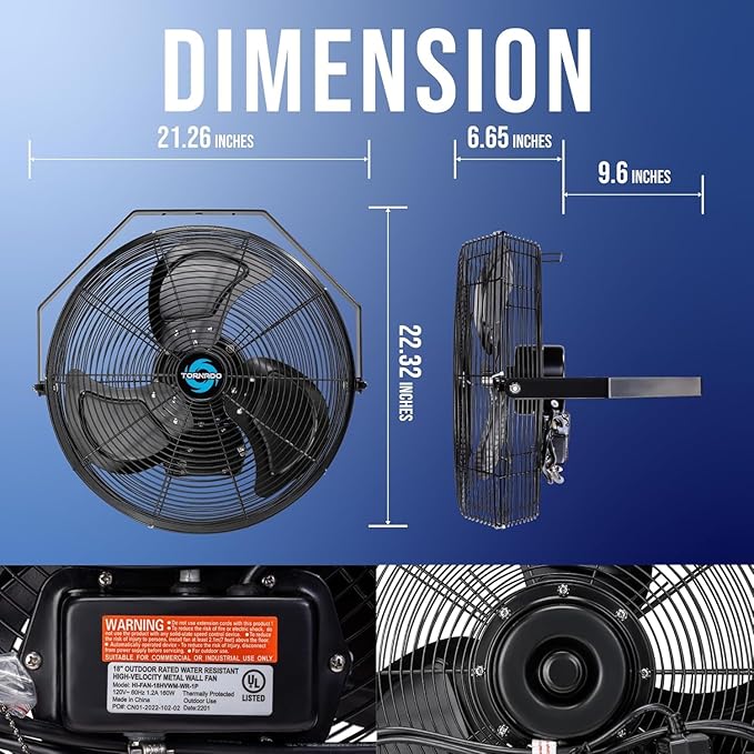 Tornado 2 Pack 20 Inch Outdoor Rated IPX4 Water-Resistant High Velocity Fan Industrial Workstation Wall Mount Fan For Commercial, Industrial, Greenhouse Use 3 Speed 4750 CFM UL Safety Listed
