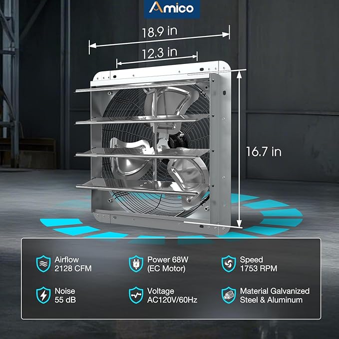Amico 16" Smart Shutter Exhaust Fan with Thermostat & 8 Speed, 2128 CFM (Up to 3000 Sq.Ft), 68W Premium EC Motor, Wall Mount Garage/Attic/Greenhouse/Warehouse Vent Fan, Plug & Play, FCC
