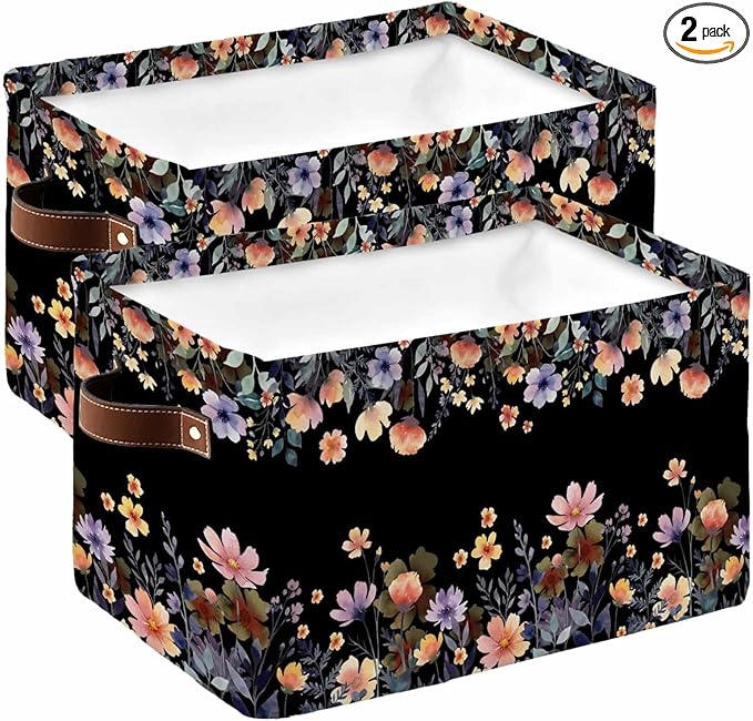 Black Spring Floral Storage Bins Cubes Waterproof Cloth Storage Basket,Elegant Flowers Farmhouse Botanical Foldable Storage Bags for Shelf Clothes Storages Organizers with Handles 15x11x9.5 in 2PCS