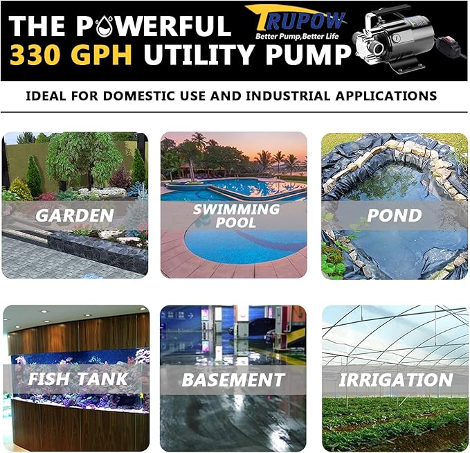 Trupow 1/10HP 330GPH 115-Volt Mini Portable Electric Utility Sump Transfer Water Pump with ON/OFF Switch and Water Hose Kit