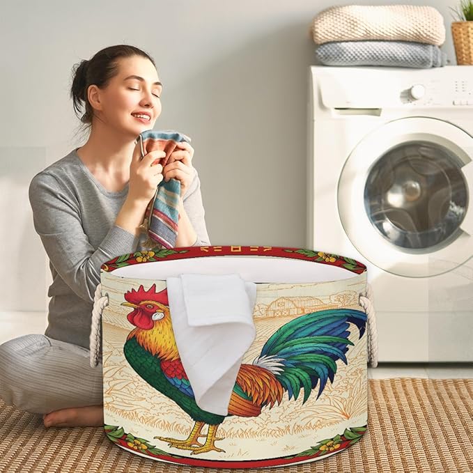 Large Storage Baskets - Rooster Farm Nursery Round Collapsible Organizer Bin Box, Laundry Hamper for Kids Toys, Blanket, Bedroom Living Room Home Decor, Gift Basket, 19.4"x13.3"