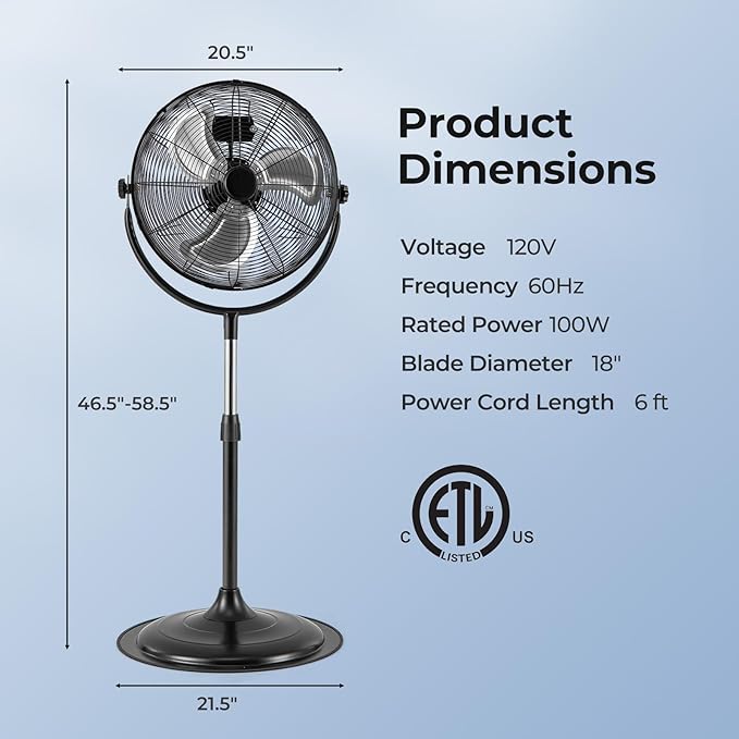 LDAILY High-Velocity Pedestal Fan, 18’’ Metal Oscillating Fan with 4012CFM Airflow, 3 Speed, 360 Degree Tilt & Adjustable Height, Black Standing Fan for Bedroom, Home, Office, Garage (18 Inch)