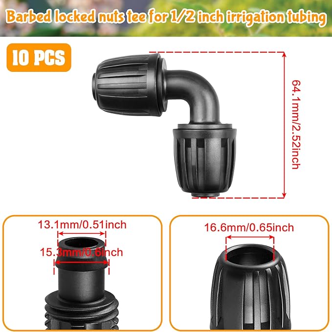 Gardrip Drip Irrigation Fittings for 1/2 Inch Drip Tubing (1/2" ID x 0.65" OD)：1/2'' Drip Line 90 Degree Elbows Anti-drop Locked Nut Barbed Elbow Connectors Garden Irrigation System Parts (10 Pack)
