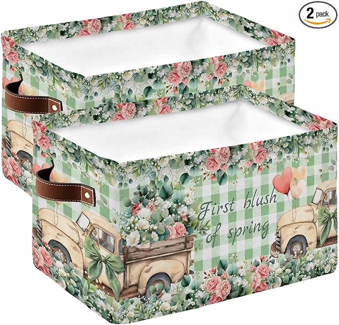 Eucalyptus Trucks Storage Bins Cubes Waterproof Cloth Storage Basket,Spring Farmhouse Floral Sage Green Plaid Foldable Storage Bags for Shelf Clothes Storages Organizers with Handles 15x11x9.5 in 2PCS