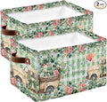 Eucalyptus Trucks Storage Bins Cubes Waterproof Cloth Storage Basket,Spring Farmhouse Floral Sage Green Plaid Foldable Storage Bags for Shelf Clothes Storages Organizers with Handles 15x11x9.5 in 2PCS
