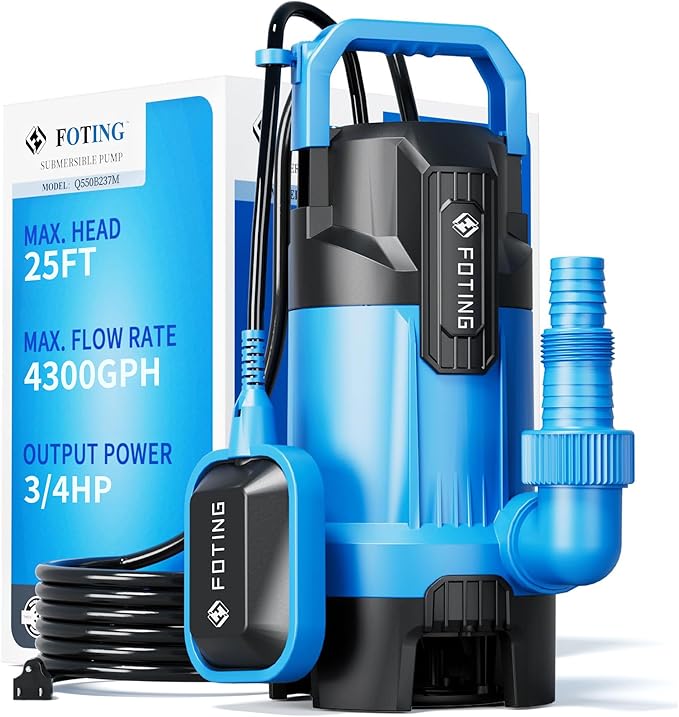 FOTING 3/4HP Sump Pump, 4300GPH High Flow Clean&Dirty Submersible Water Pump with Float Switch, Thermoplastic Electric Portable Utility Pump for Pool Draining Hot Tub Garden Basement