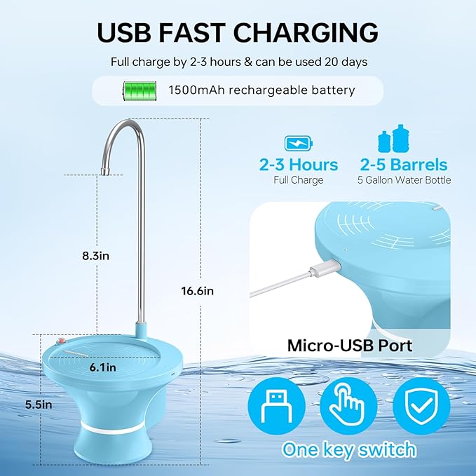 Water Dispenser for 2-5 Gallon Bottle, Electric Drinking Water Bottle Pump, Automatic Water Jug Pump Dispenser, USB Rechargeable and 2 Switch Control for Home, Office, Camping