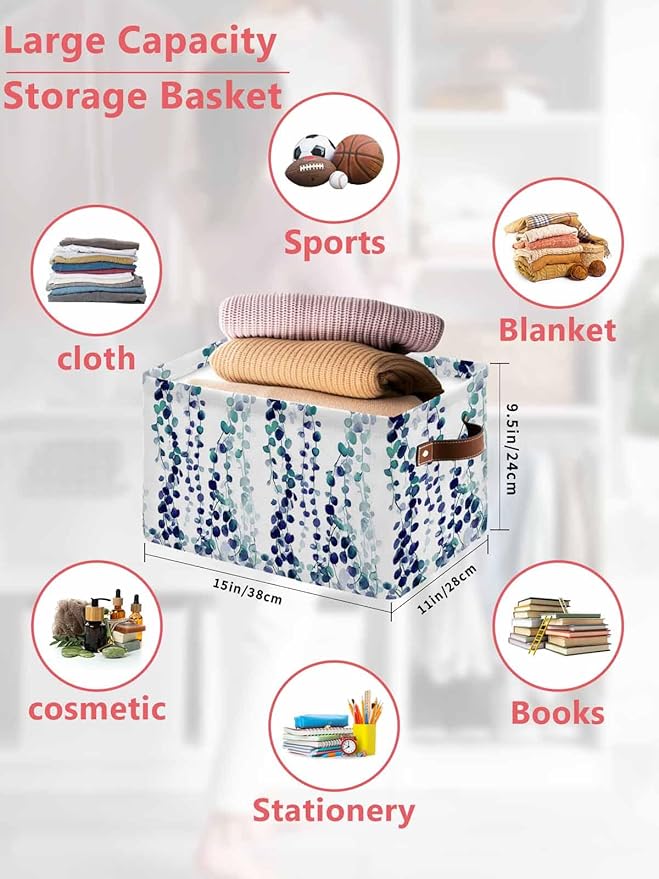 Blue Weeping Eucalyptus Storage Bins Cubes Waterproof Cloth Storage Basket,Spring Summer Farmhouse Leaves Foldable Storage Bags for Shelf Clothes Storages Organizers with Handles 15x11x9.5 in 1PCS