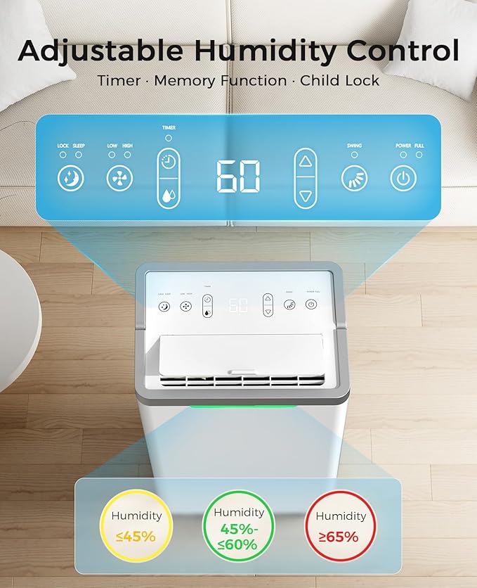 34 Pints/Day Dehumidifier for Basement, 2500 Sq. Ft Dehumidifiers for Home with Drain Hose, 38dB Quiet Dehumidifier for Bedroom Bathroom, 24HR Timer, 3-Color Indicator, Auto Defrost, Child Lock