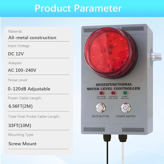 Professional Water Level Alarm, High/Low Liquid Detector with Dual Probes, 120dB Adjustable Audible/Visual Alarm, 33FT Cable, All-Metal, Industrial Water Overflow for Tanks/Sump Pool/Ship Holds/Well
