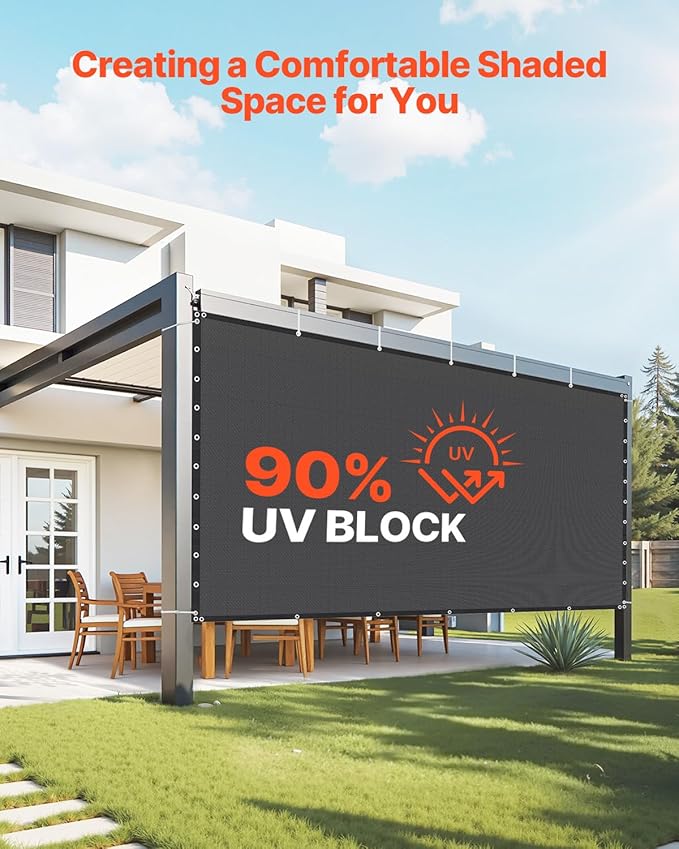 VEVOR 90% Sun Shade Cloth, 10 x 12 ft Pergola Shade Cover with Stainless Steel Grommets, Sun Shades Canopy Privacy Screen with 140 GSM HDPE Material, for Outdoor, Patio, Garden, and Backyard (Black)