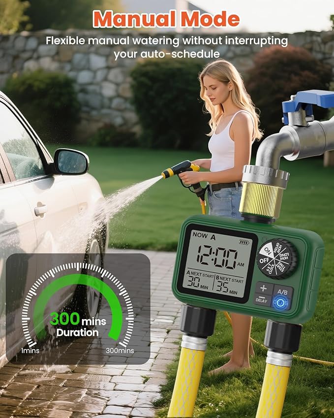 2 Zones Brass Inlet & Outlet Water Timer for Outdoor Garden Hose, Sprinkler Timer for Garden Faucet with Auto/Manual/Rain Delay Mode, Sprinkler Irrigation Controller for Yard Lawn