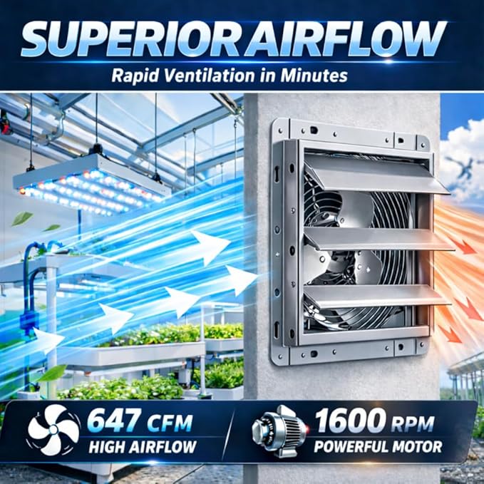 Hon&Guan 10 Inch Shutter Exhaust Fan with Stepless Speed Controller, 647 CFM High Airflow, 1600 RPM Wall Vent Fan, Automatic Gravity Shutters, Easy Install for Garage, Shed & Greenhouse, Gunmetal Gray