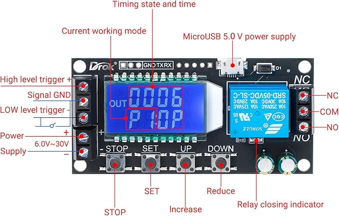 DROK Time Delay Relay 2pcs Controller DC 5V 12V 24V Module Adjustable Trigger Delay Switch Board with LCD Display Support Micro USB 5V Power Supply