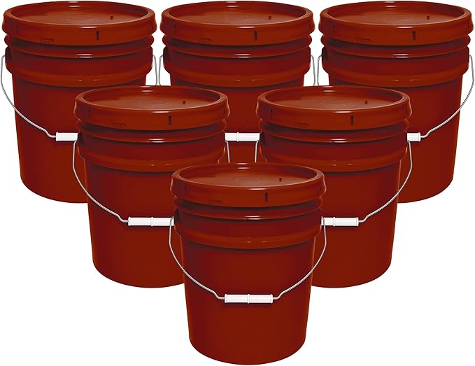 MKS Plastics 5-Gallon Bucket with Airtight Lid – Made in USA, Food Grade BPA Free Plastic, Heavy Duty Multi-Use, Metal Handle with Grip, Stackable Storage – Burgundy, 6 Pack