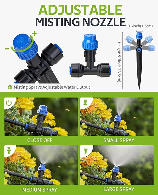 HIRALIY 15 Piece Quick-Connect Drip Irrigation Emitters for Drip Irrigation Kit Series 1/4'' tubing, Misting Adjustable Water Flow Emitters with Stake
