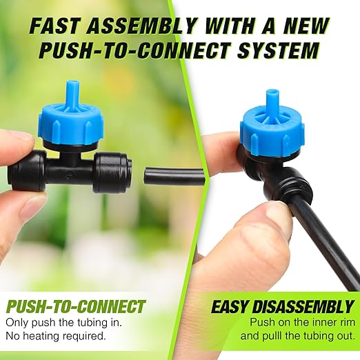Bonviee 1/4 Inch Push-to-Connect Tee with Pressure-Compensating Drippers, 24 Pack – Even Watering for Slopes, Garden, Greenhouse