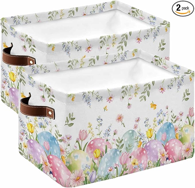 Easter Eggs Storage Bins Cubes Waterproof Cloth Storage Basket,Country Wildflower Spring Watercolor Botanical Foldable Storage Bags for Shelf Clothes Storages Organizers with Handles 15x11x9.5 in 2PCS