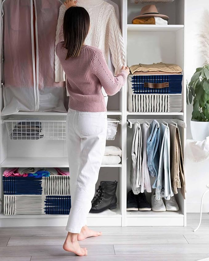 Navy Blue Striped Storage Bins Cubes Waterproof Cloth Storage Basket,Farmhouse Stripes Modern Abstract Art Foldable Storage Bags for Shelf Clothes Storages Organizers with Handles 15x11x9.5 in 1PCS