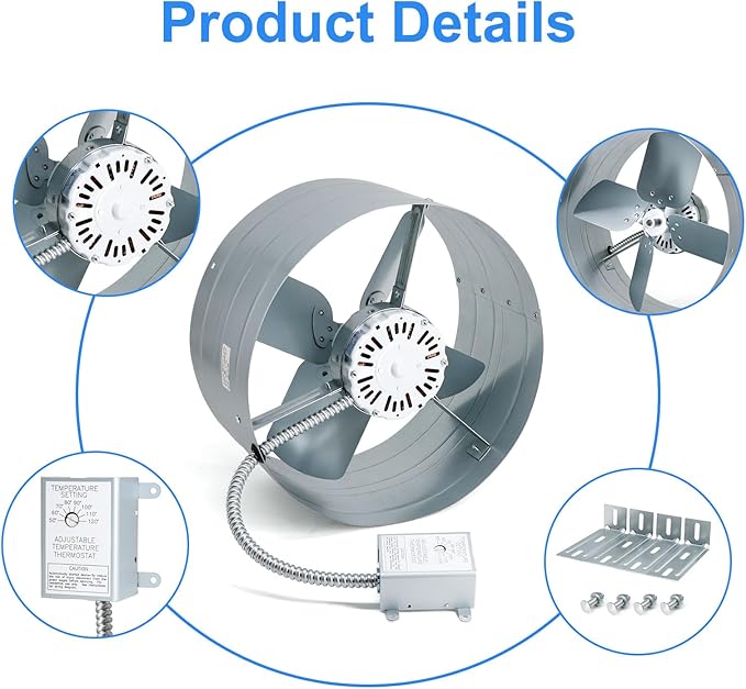 Gable Vent Attic Fan, 15" Exhaust Ventilation Fan with Adjustable Thermostat for Gable, Shed, Home, Garages, 1600 CFM, 1050 RPM, 2400 SQ. FT. Attic Ventilator (1600CFM)