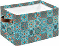 Retro Middle Century Storage Bins Cubes Waterproof Cloth Storage Basket,Rustic Bohemia Style Aztec Blue Foldable Storage Bags for Shelf Clothes Storages Organizers with Handles 15x11x9.5 in 1PCS