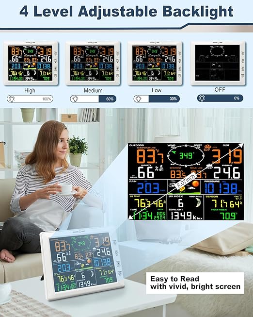 Urageuxy WiFi Weather Station with 8.07 inch Color Display – Wireless Outdoor Sensor Measures Rain Gauge, Wind Speed/Direction, Temperature, Humidity, UV, Forecasts, Barometer