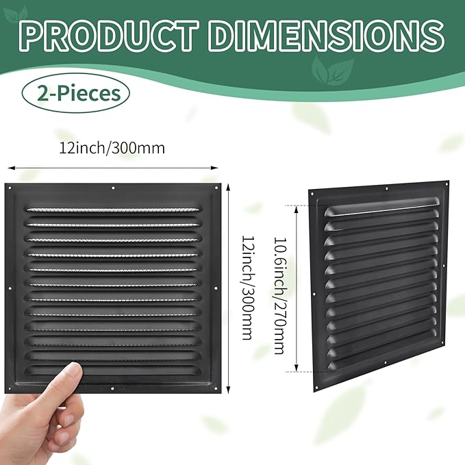 (Black 2 Pack 12" x 12"Inch) Gable Vents, Aluminum Walls, Lofts, Garages etc with Screened Metal Shed Vents, Outdoor House Loft Ceiling Reinforced Square Vents Shutters Exterior Grille (Matt)