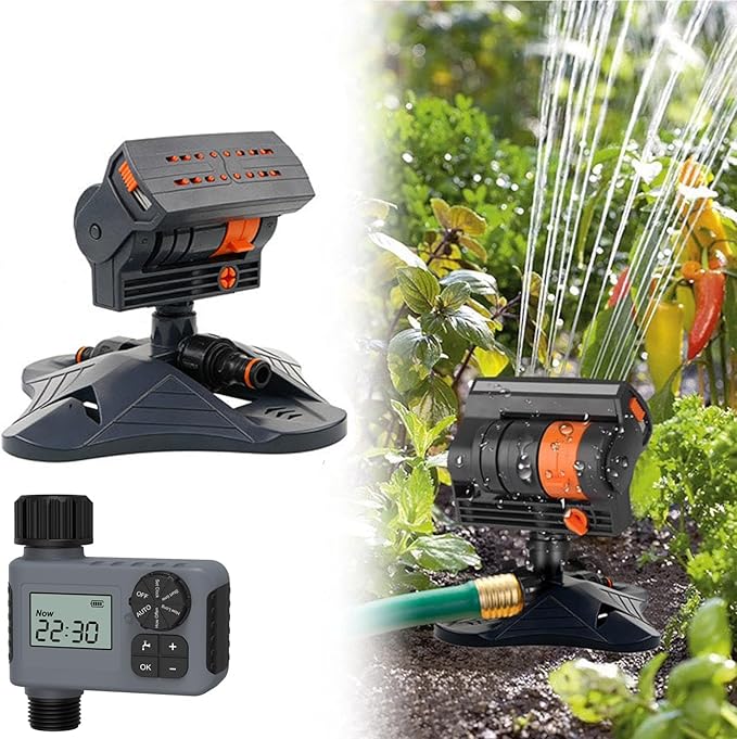 16-Nozzle Oscillating Sprinkler with Dual-Zone Sprinkler Water Timer, Heavy Duty Automatic Lawn Garden Irrigation System, Adjustable Spray Range & Width for Large Area Grass (with Single-Zone Timer)