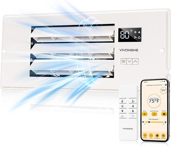 VIVOHOME Register Booster Fan - 4'' x 12'' Opening with Adjustable Louver - Smart Thermostat & 10-Speed WIFI App Control - AC Vent Fan for Floor, Ceiling, Wall - Quiet Operation (White)