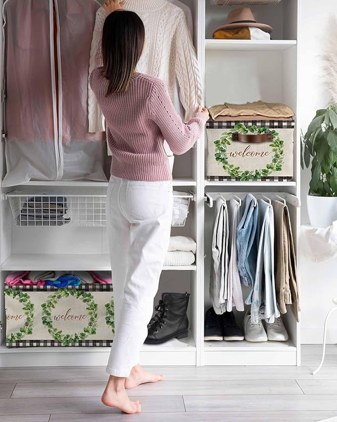 Spring Eucalyptus Leaves Storage Bins Cubes Waterproof Cloth Storage Basket,Farmhouse Botanical Burlap Paid Foldable Storage Bags for Shelf Clothes Storages Organizers with Handles 15x11x9.5 in 1PCS