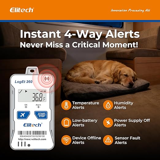 Elitech GPS Remote Cellular Temperature Humidity Monitor Data Logger Sensor, Power Outage Light Shock Alarm, App/Email/Text Alerts, for Vacation Home, RV, Pet Safety, 2-Year Subscription Included