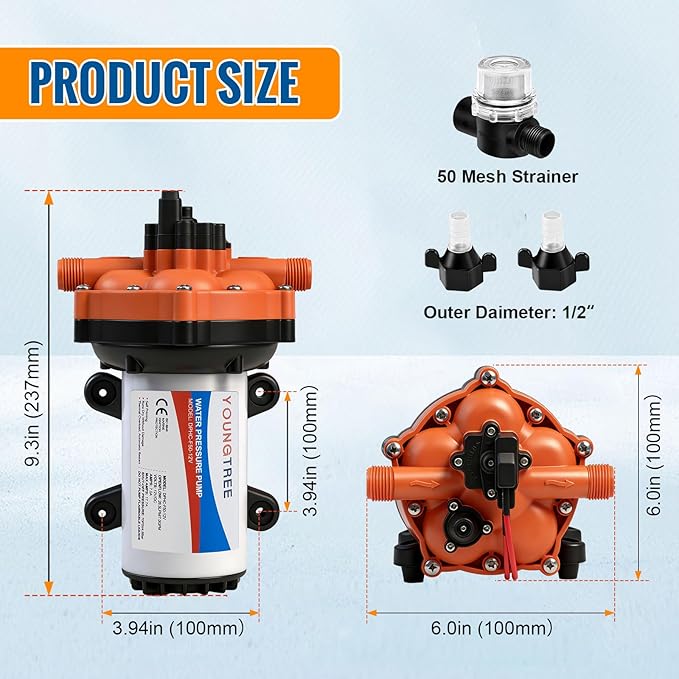 YOUNGTREE 55-Series 12V RV Water Pressure Diaphragm Pump 7GPM 70PSI 12 Volt Five Chamber Water Washdown Pump Self Priming with Pressure Switch for RV, Garden, Irrigation, Boat, Home, Sprayer