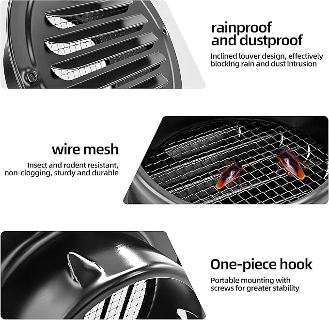 3 inch 4-Pcs Stainless Steel Vent Cover, Black Round Soffit Louver Grille Exhaust Cover, Built-in Mesh Screen, Suitable for Vent Places Such as Kitchen, Bathroom, etc (3 inch Black Cover 4Pcs)