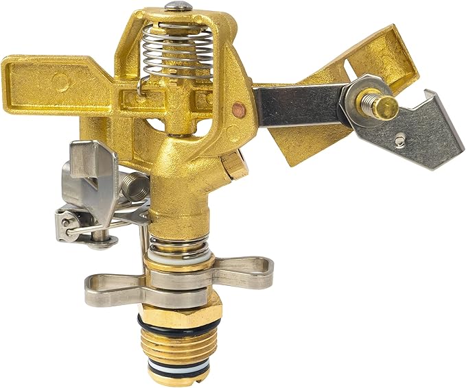 Hourleey 1/2 Inch Brass Impact Sprinkler, Heavy Duty Water Sprinkler Head, Adjustable 0-360 Degree Coverage Pattern, Watering Sprinkler with Nozzles for Large Patio Garden Irrigation (1 Pack)