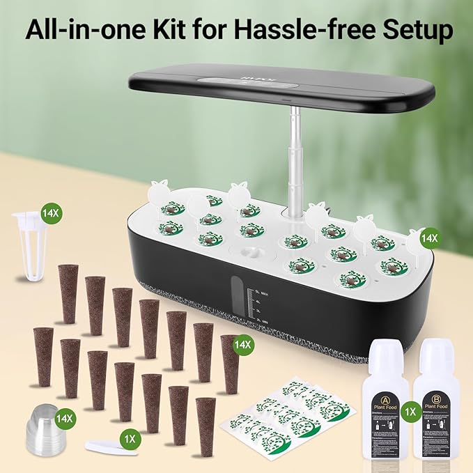 Hydroponics Growing System with LED Grow Light, 14 Pods Indoor Herb Garden Full Spectrum Rotatable Light Panel, Auto On Off Timing 12 14 16Hrs, 5L Water Tank, Harvest Fresh Basil Tomato (Black)